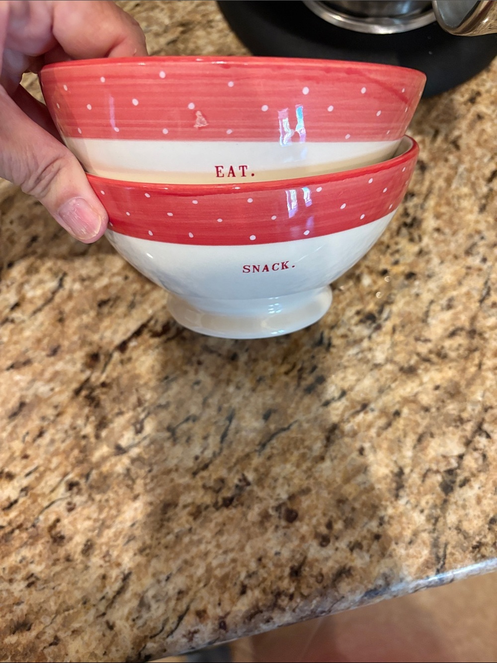 Rae Dunn Red and White Polka Dot 'EAT.' & 'SNACK.' Ceramic Bowl Set